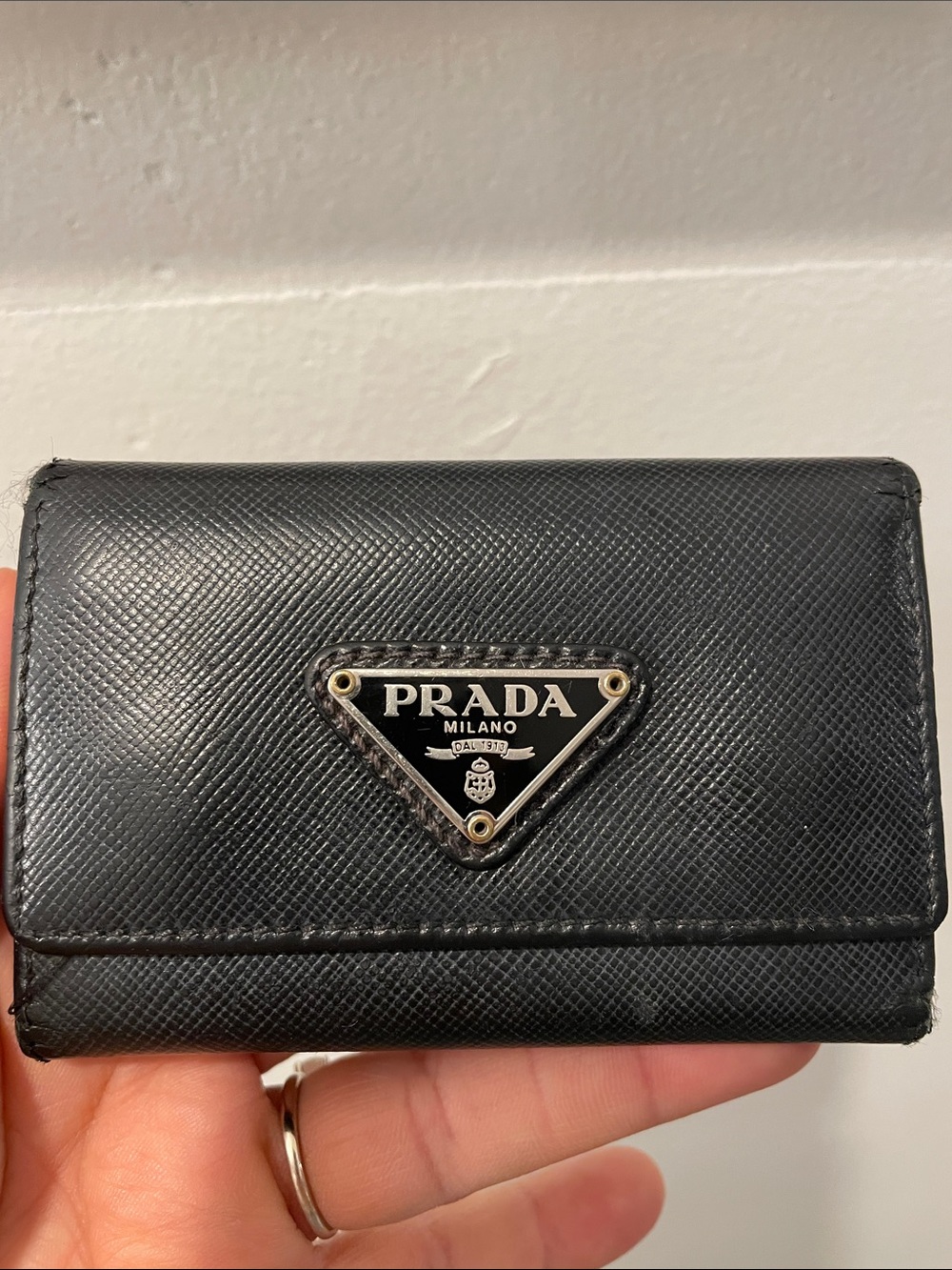 Prada Black Saffiano Leather Key & Card Holder with Triangle Logo